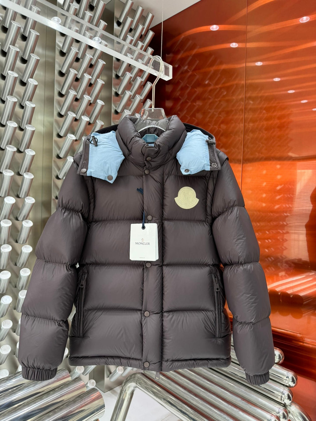 Moncler Charcoal Gray Hooded Puffer Jacket with Light Blue Lining