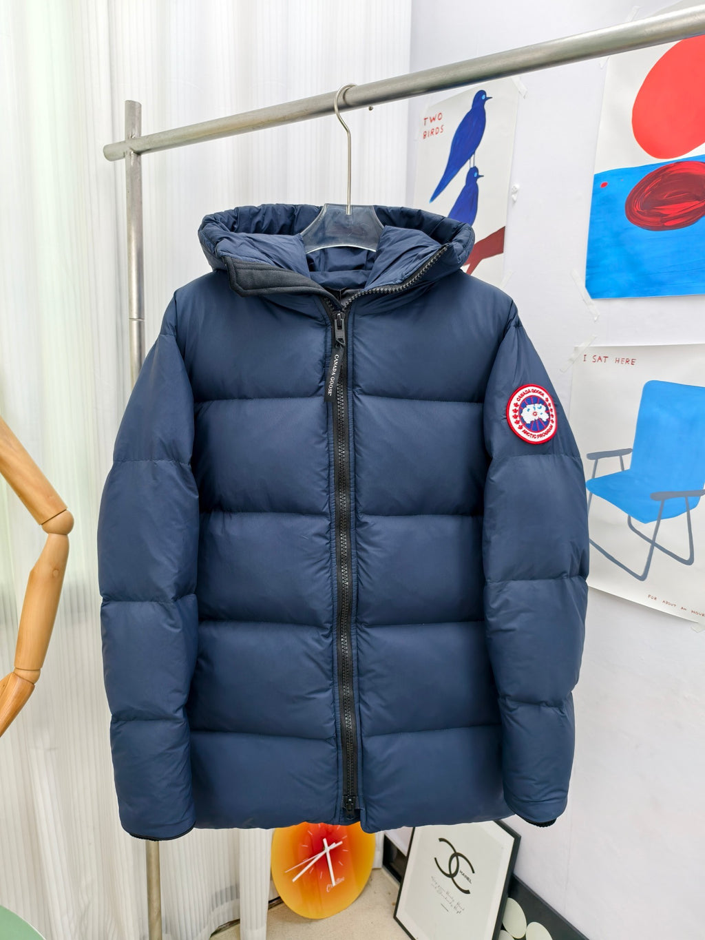 Canada Goose Navy Blue Hooded Puffer Jacket with Classic Sleeve Badge