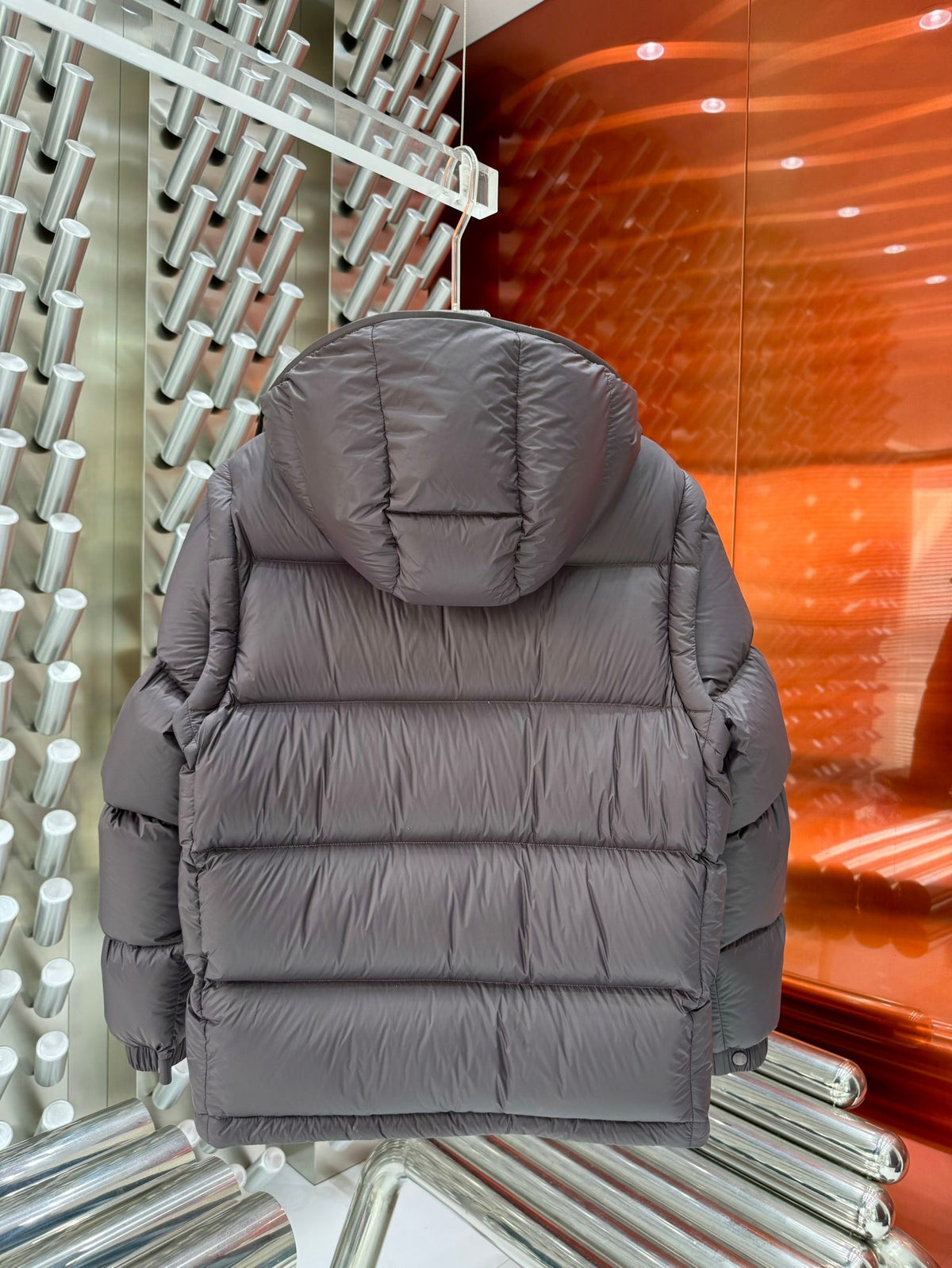 Moncler Charcoal Gray Hooded Puffer Jacket with Light Blue Lining