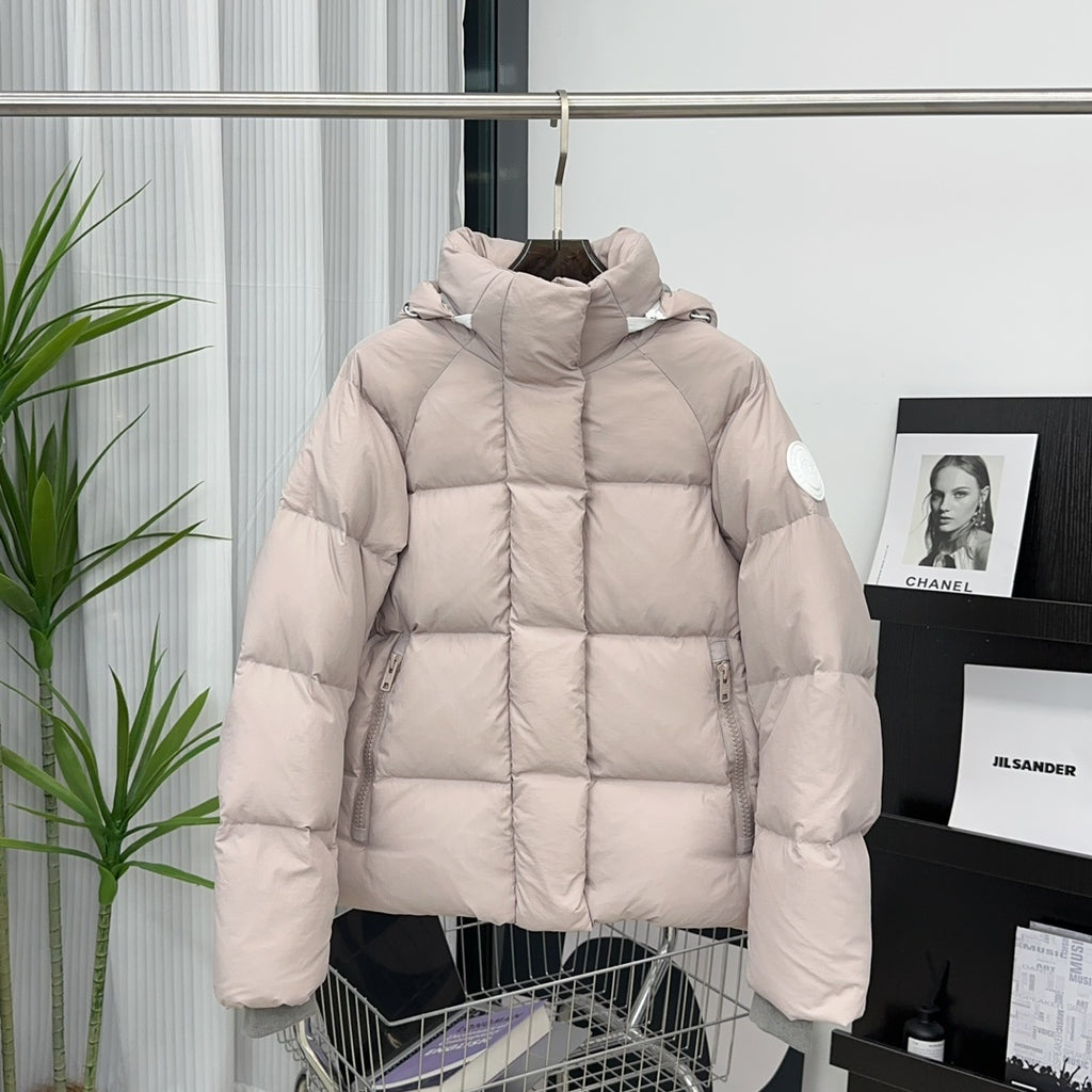 Canada Goose Light Taupe Hooded Puffer Jacket with White Sleeve Badge