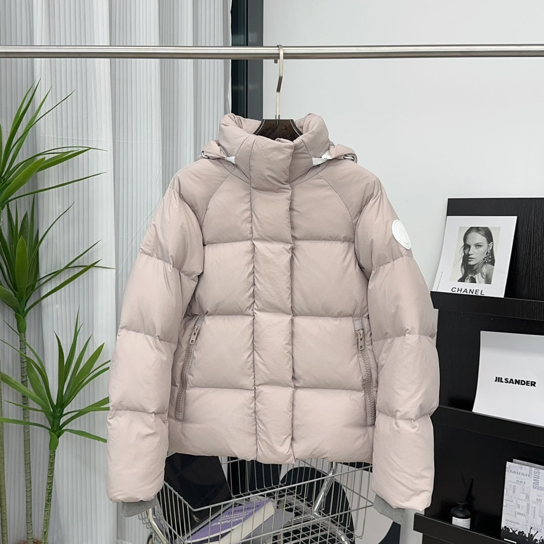 Canada Goose Light Taupe Hooded Puffer Jacket with White Sleeve Badge