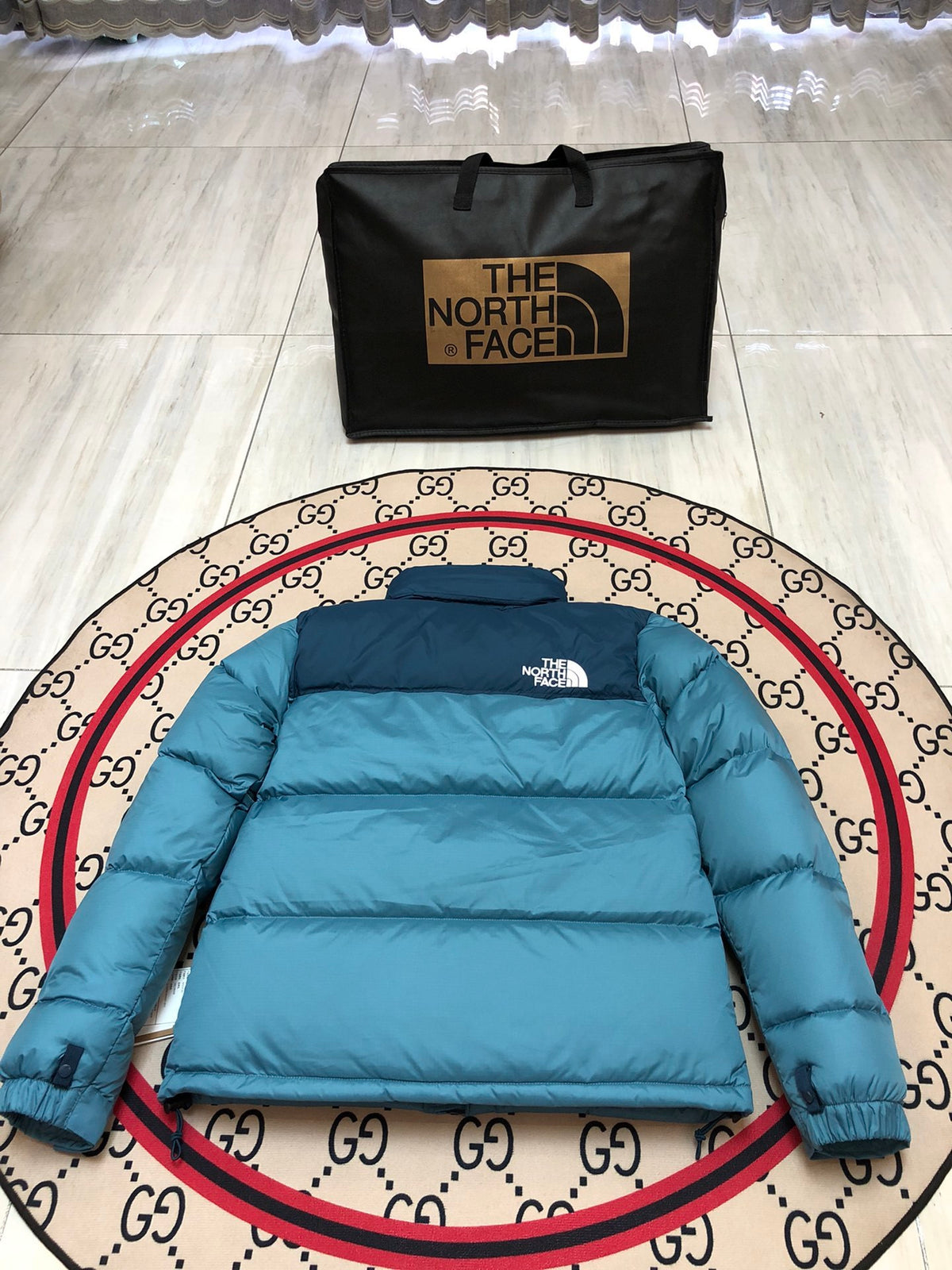 The North Face Teal Blue and Navy Colorblock Puffer Jacket
