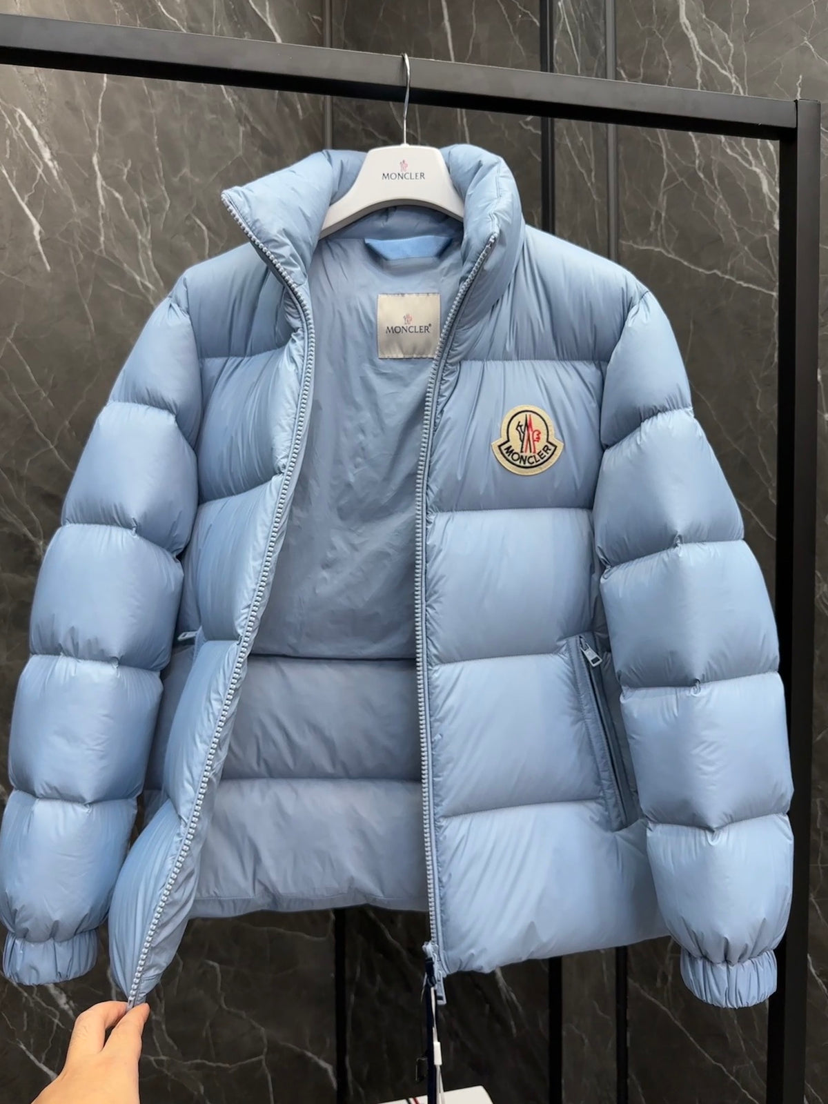 Moncler Light Blue Stand-Collar Puffer Jacket with Chest Logo Patch