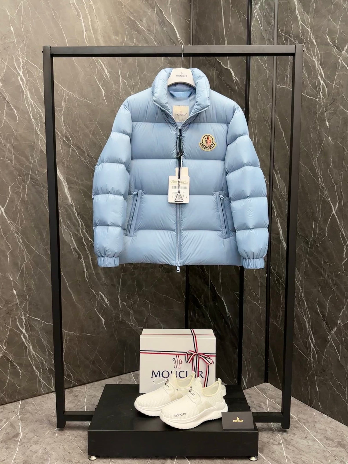 Moncler Light Blue Stand-Collar Puffer Jacket with Chest Logo Patch