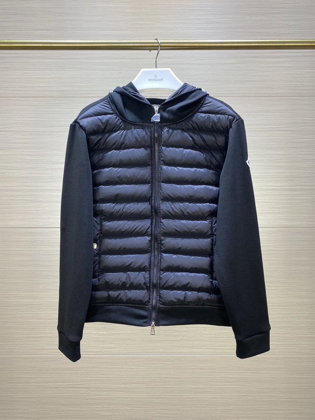 Moncler Black Quilted Front Zip-Up Hoodie with Striped Hood