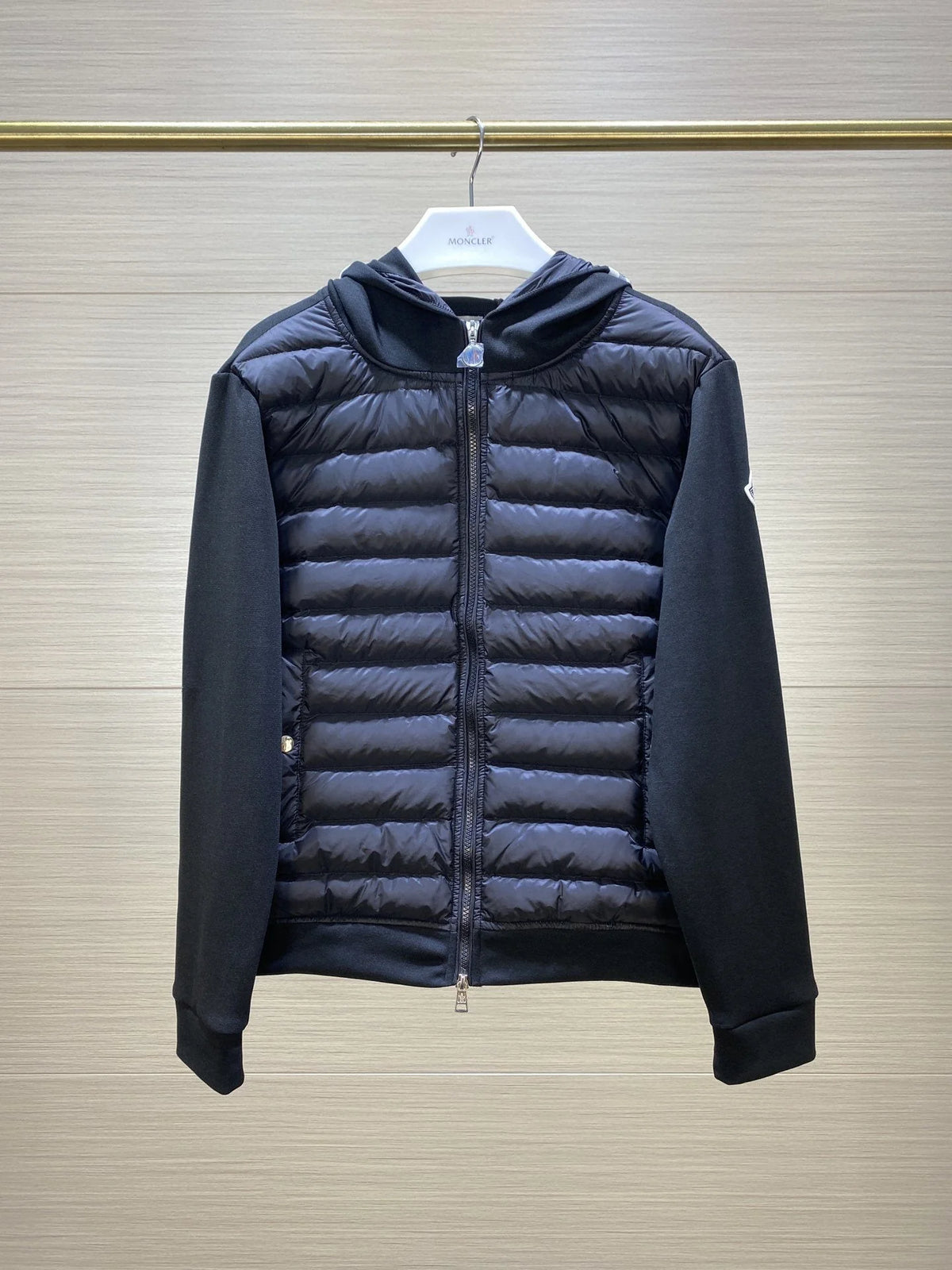 Moncler Black Quilted Front Zip-Up Hoodie with Striped Hood