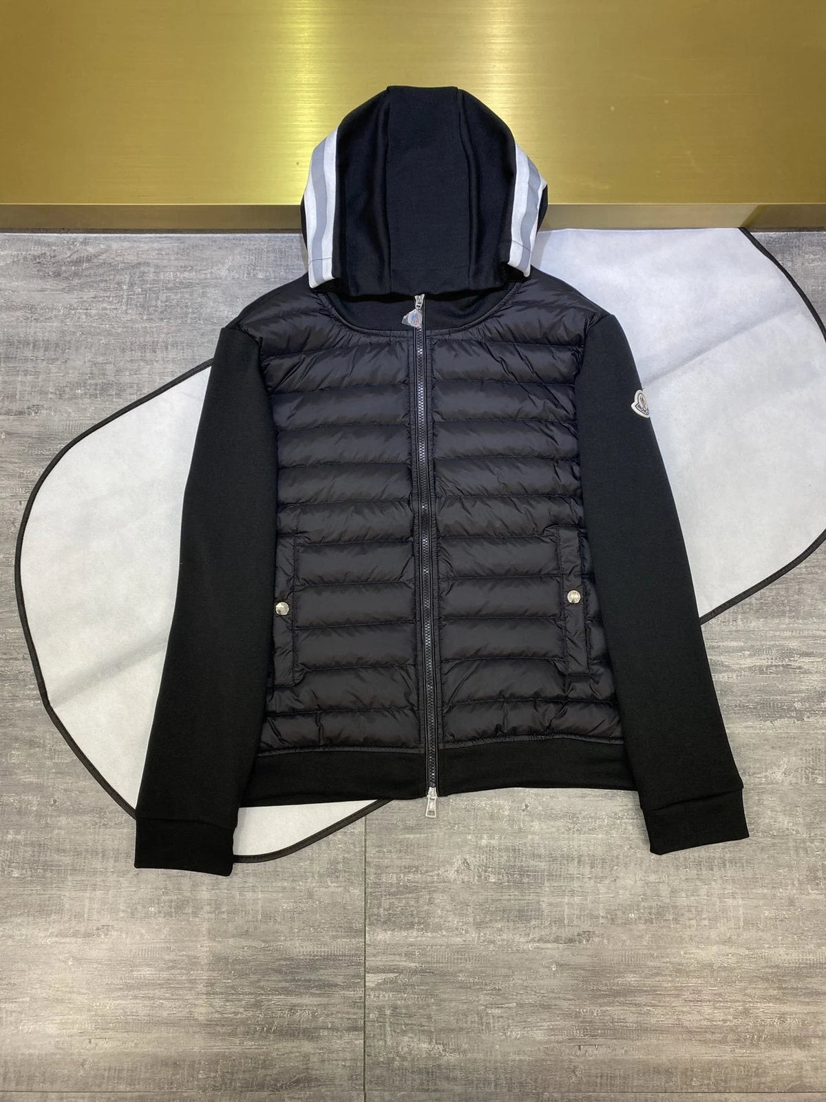 Moncler Black Quilted Front Zip-Up Hoodie with Striped Hood