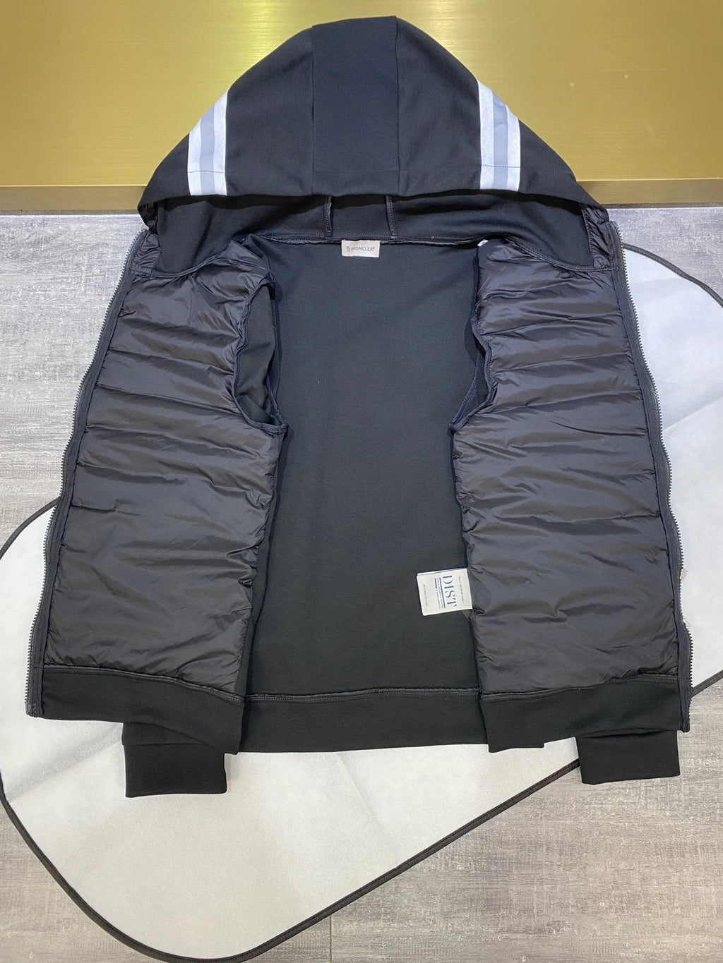 Moncler Black Quilted Front Zip-Up Hoodie with Striped Hood