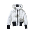 Moose Knuckles White Hooded Bomber Jacket with Plush Pom-Poms