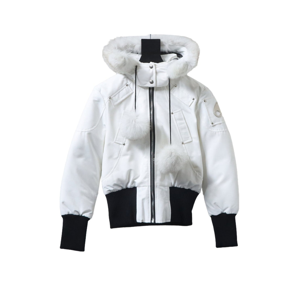 Moose Knuckles White Hooded Bomber Jacket with Plush Pom-Poms