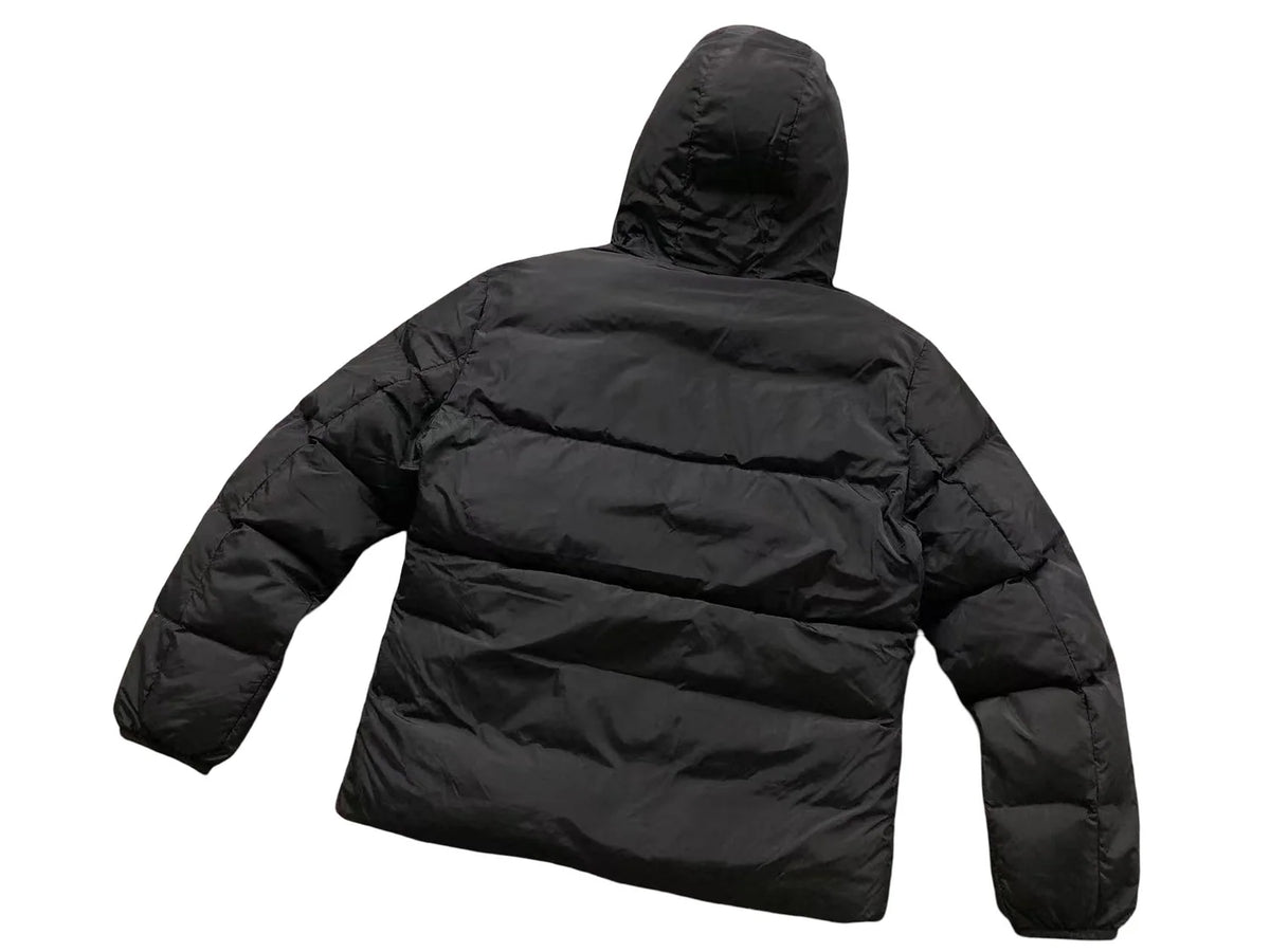 Moncler Black Hooded Puffer Jacket with White Logo Trim