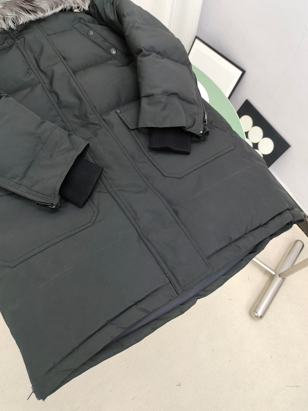 Moose Knuckles Charcoal Gray Quilted Long Parka with Plush Hood Trim