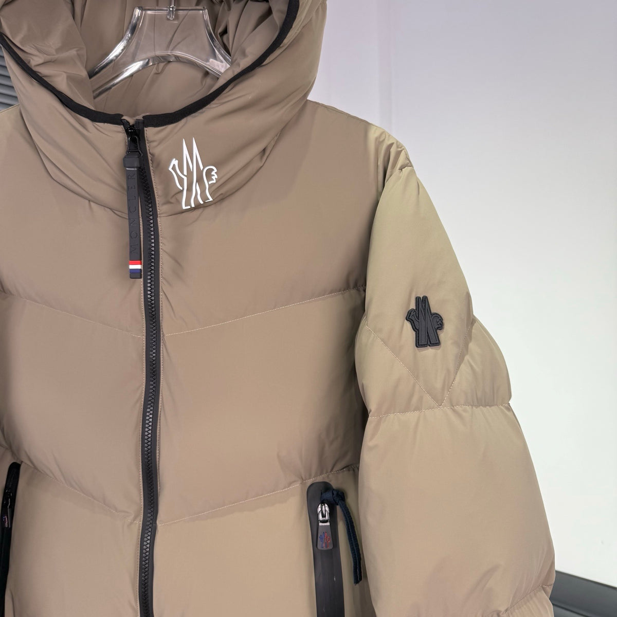 Moncler Sand Beige Hooded Puffer Jacket with Chevron Quilting