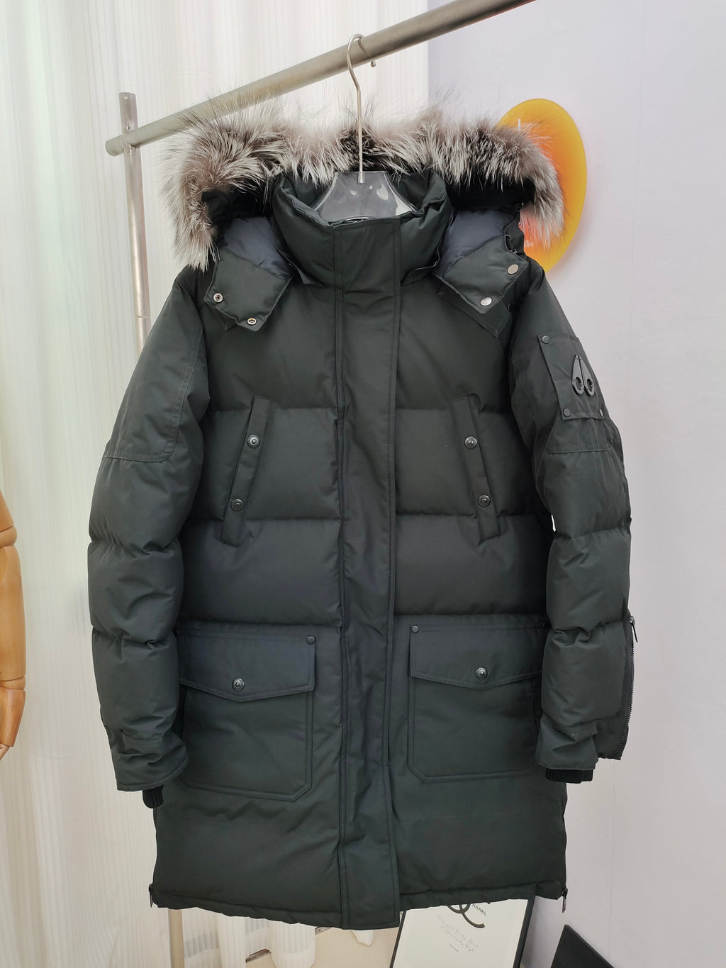 Moose Knuckles Charcoal Gray Quilted Long Parka with Plush Hood Trim