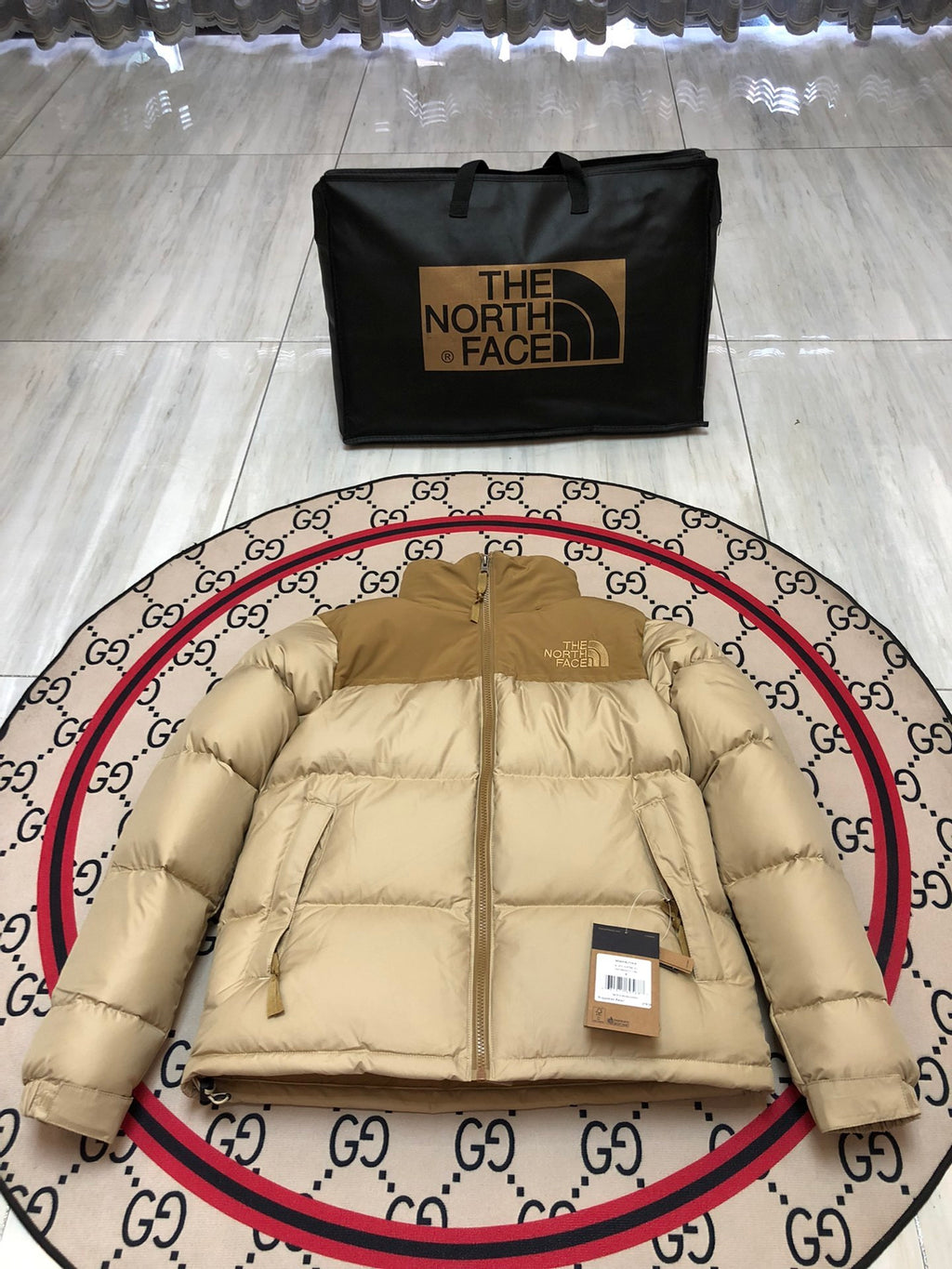 The North Face Sand Beige and Tan Colorblock Puffer Jacket