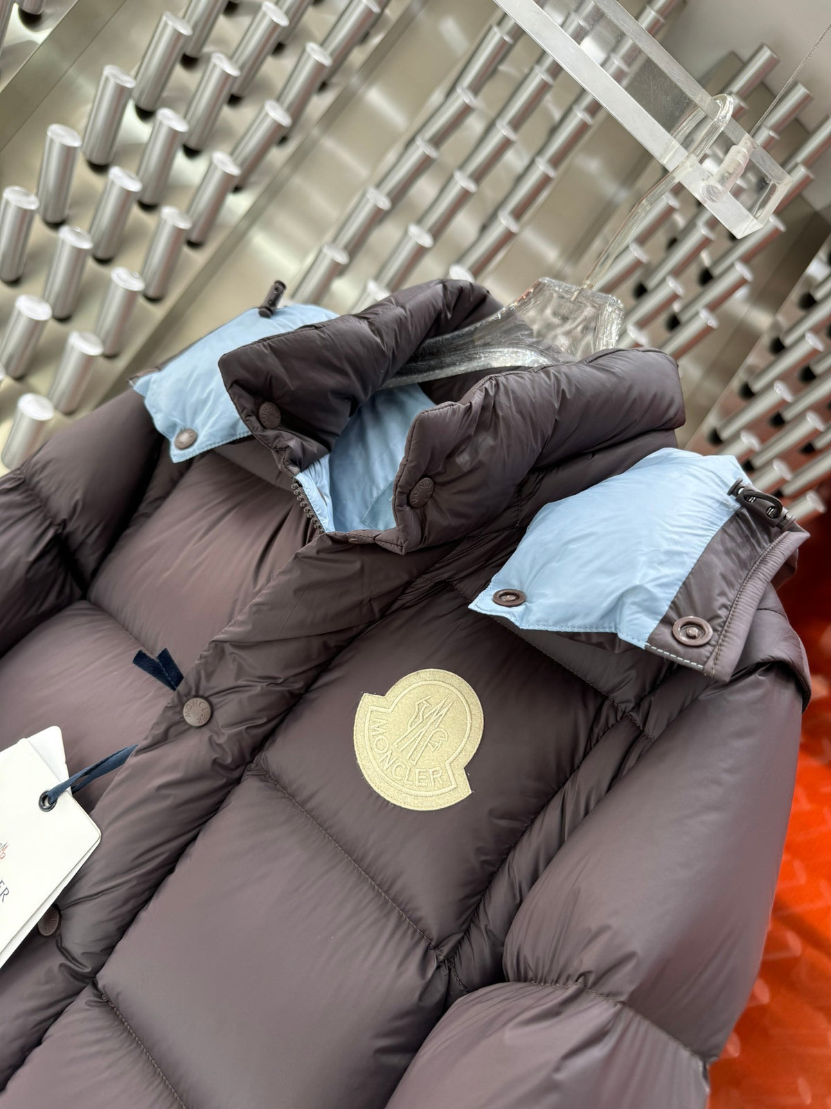 Moncler Charcoal Gray Hooded Puffer Jacket with Light Blue Lining