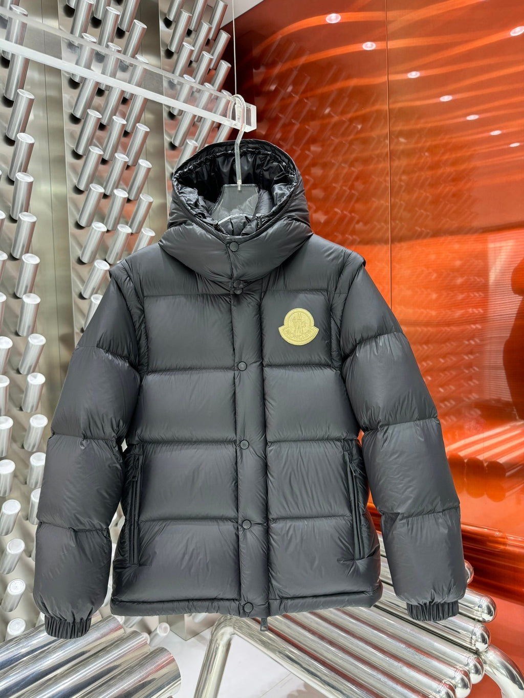 Moncler Dark Gray Hooded Puffer Jacket with Yellow Chest Emblem