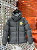 Moncler Dark Gray Hooded Puffer Jacket with Yellow Chest Emblem