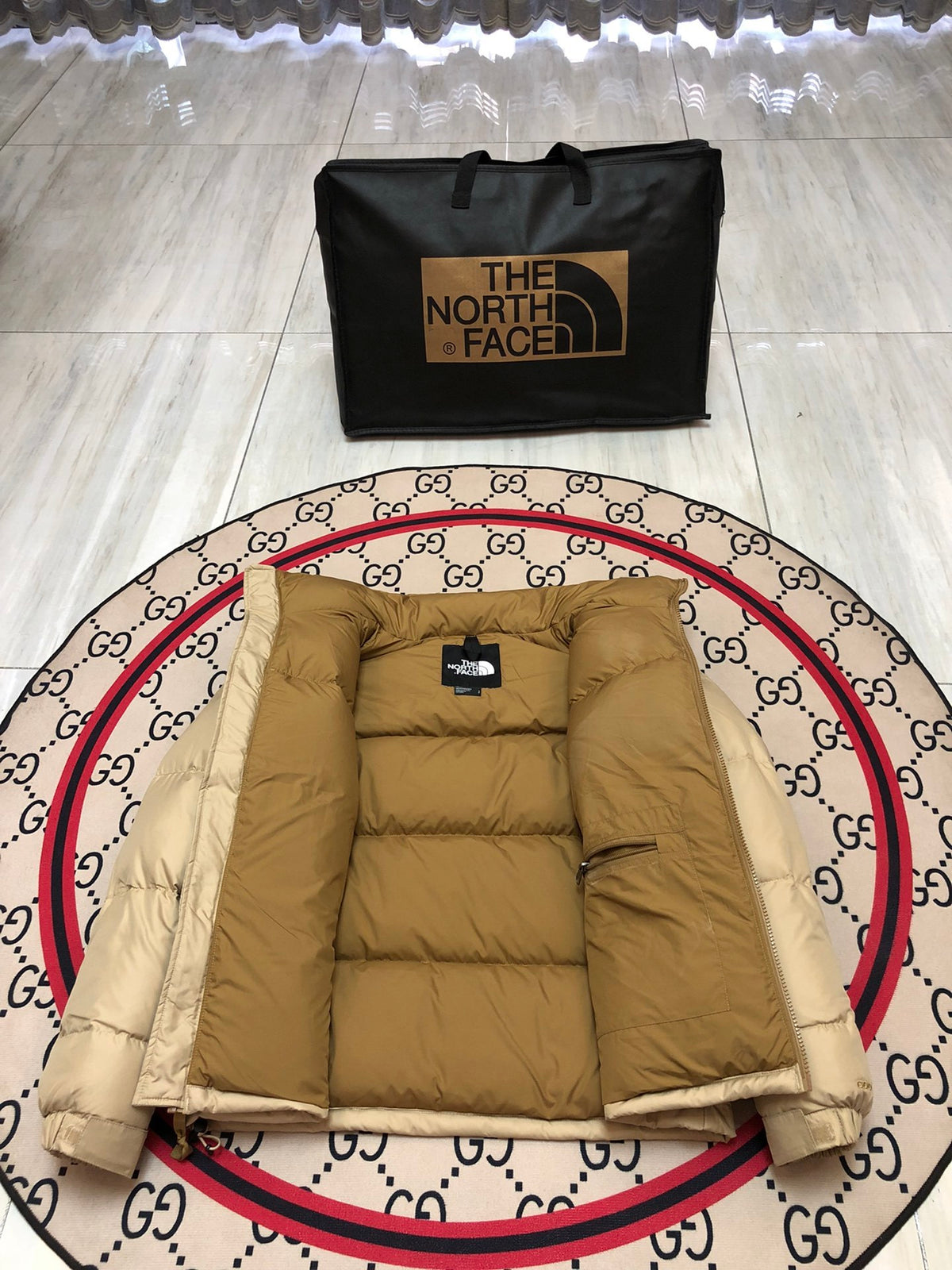 The North Face Sand Beige and Tan Colorblock Puffer Jacket