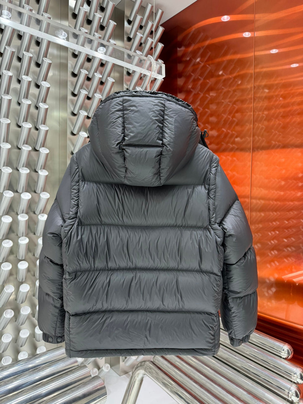 Moncler Dark Gray Hooded Puffer Jacket with Yellow Chest Emblem