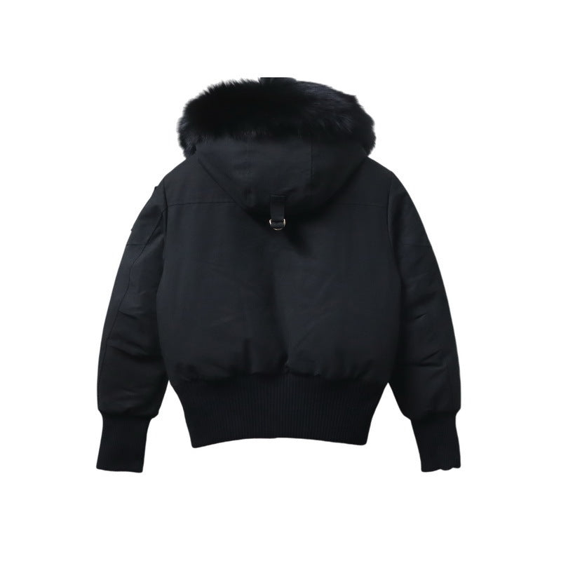 Moose Knuckles Black Hooded Bomber Jacket with Plush Pom-Poms