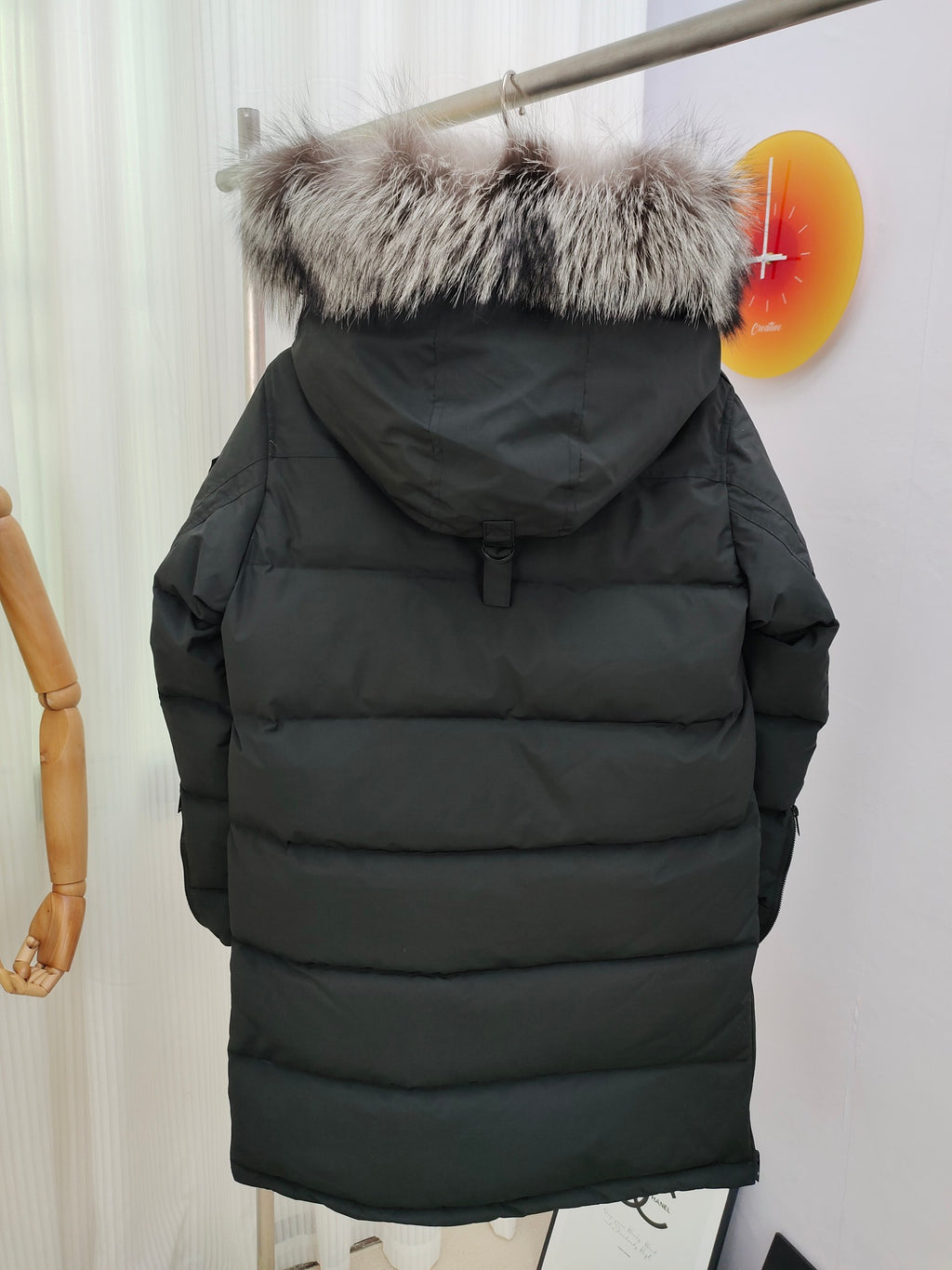 Moose Knuckles Charcoal Gray Quilted Long Parka with Plush Hood Trim